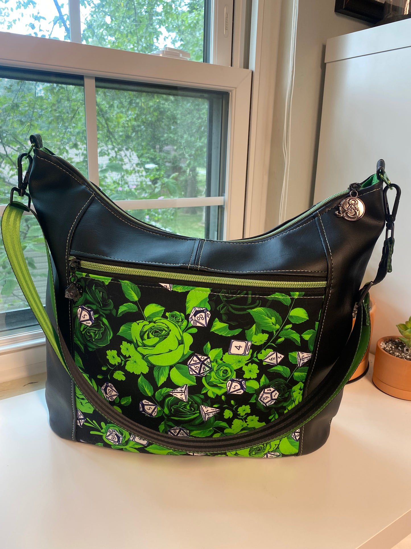 Green Floral Dice Slouchy Hobo Bag